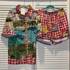 Vintage Scenic Patchwork Short Set - Red Multi